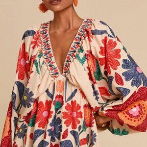 Multicolor Boho Women's V-Neck Long Sleeve Floral Chiffon Dress